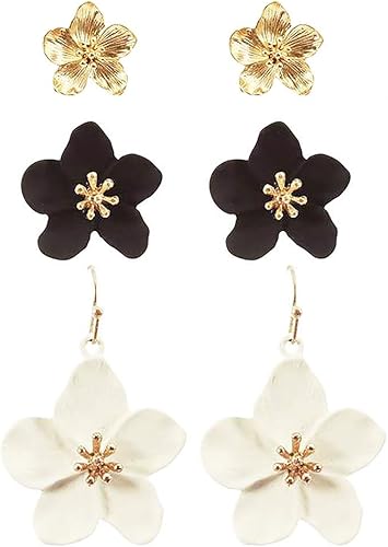 Rosemarie Collections 3 pares de aretes colgantes de flores de metal para mujer, Metal