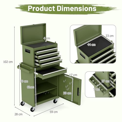 TANGZON Rolling Tool Chest, 2-in-1 Large Capacity Tool Cabinet with Wheels, 5 Drawers & Auto-Locking System, Heavy-Duty Metal Toolbox for Workshop, Warehouse, Garage (Green) 3 TANGZON Rolling Tool Chest, 2-in-1 Large Capacity Tool Cabinet with Wheels, 5 Drawers & Auto-Locking System, Heavy-Duty Metal Toolbox for Workshop, Warehouse, Garage (Green) - Image 3