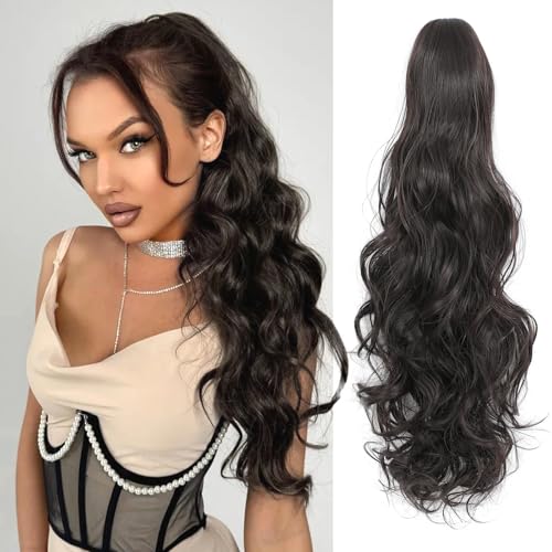 Image of 24 inch Ponytail Extension, Long Curly Wavy Claw Clip and Natural-Looking Synthetic Hairpiece, Voluminous Pony TailHair Extensions for Women Daily Wear. (Dark Brown, 24Inch)