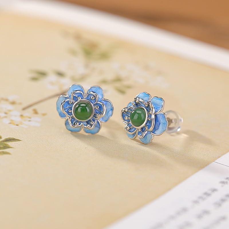 Boucles d'oreilles en argent anti-allergie, fleurs émail et jade véritable - 3