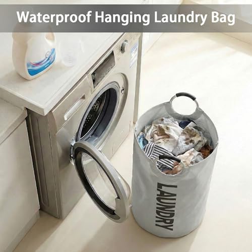 90L Large Laundry Basket,Freestanding Tall Clothes Hamper, Collapsible Laundry Bag,Foldable Washing Bin, Household Laundry Organizer(Light Gray) - 2