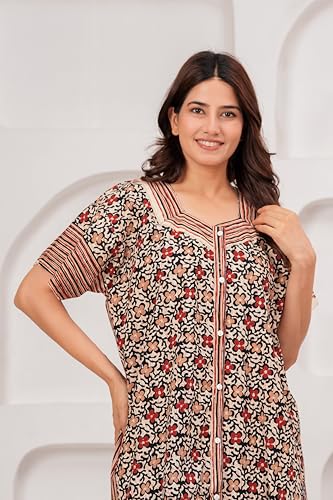 Image of DIAMO Full Open /Front Buttoned Pure Cotton Night Gown Women /Girls with Jaipuri Block Print, Maxi Night Gown, Sleepwear, Nighty, Nightdress, Jaipuri Nighty, Nighties
