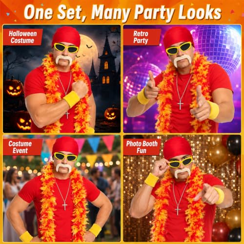 Gocasmus 6PCS Retro Wrestler Costume Accessories Set for Adults, Red Bandana Yellow Sunglasses Feather Boa Fake Mustache Wristbands Cross Necklace for Halloween Cosplay Costume Party - image 7