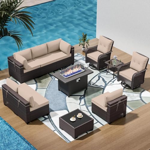 Image of 11 Pieces Outdoor Patio Furniture Set,Outdoor Sectional Furniture with 45 inch 55000 BTU Gas Propane Fire Pit Table,PE Rattan Wicker Patio Conversation Set,Swivel Rocking Chairs Set,Sand