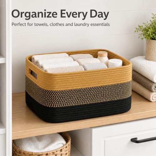 Image of 12.8GAL Kids Stuffed Animal Toy Storage Organizer, Cute Mini Nursery Laundry Basket for Baby Girls Boys Dirty Clothes, Picture Books, Small Cotton Rope Wicker Hamper for Bathroom Towels Khaki Black