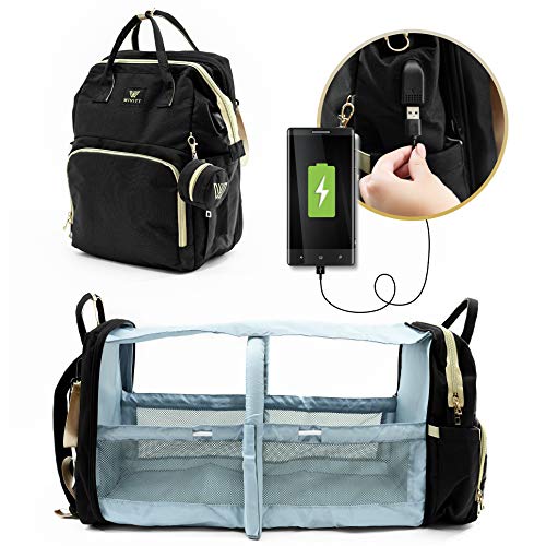 Wivitt 7 in 1 Diaper Bag Backpack - Baby Bag with Foldable Bed, Changing Station & Pad, Bassinet, Pacifier Bag, Play Crib, Mattress, USB Port, RFID Pocket - Waterproof & Fashionable (Gray)