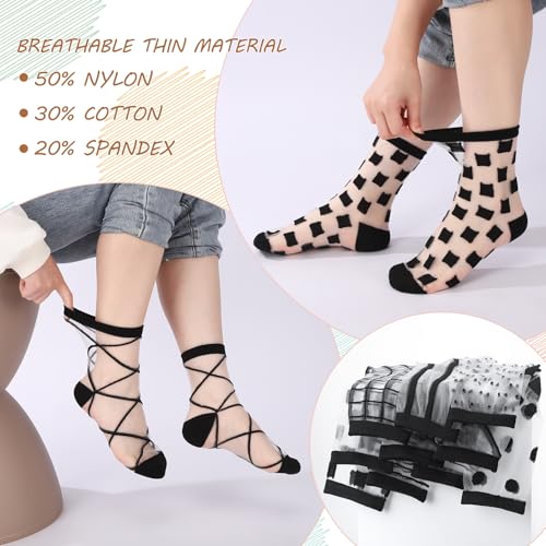 Jspupifip 10 Pairs Sheer Ankle Socks with Striped, Plaid, Mesh, Dot, Bow Patterns - Black See Through Transparent Socks for Women & Girls — view 6