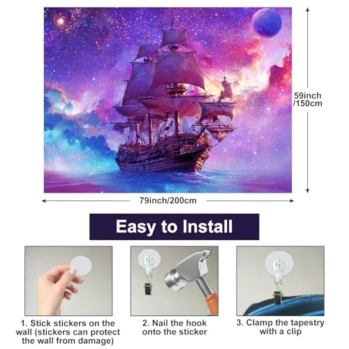 Image of BlissYard Psychedelic Galaxy Ship BlackLight Tapestry UV Reactive Ocean Sailing Wall Hanging 78x59 Inch Trippy Starry Sky Nautical Scene Cosmic Sea Decor For Bedroom Living Room Dorm Party