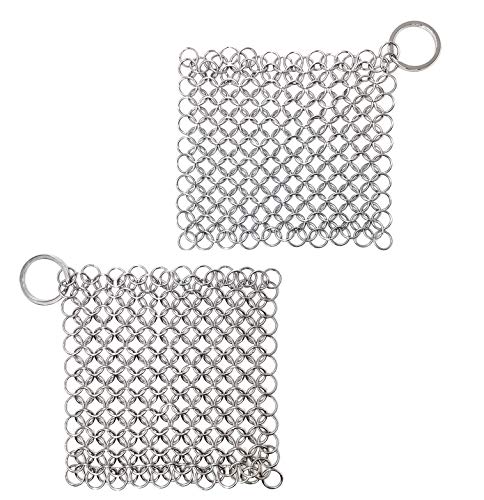 WFRX 4"x4"(2 Packs) Cast Iron Scrubber, Premium 316L Stainless Steel Cast Iron Cleaner, Chainmail Scrubber for Cast Iron, Stainless Steel, Hard Anodized Cookware and Other Pots & Pans