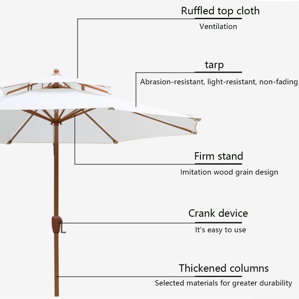 Ombrellone Da Esterno Impermeabile Ombrello Da Patio Doppio Tetto | 270cm Ombrellone Da Giardino Con Manovella In Legno Ombrellone Da Balcone Palo In Acciaio