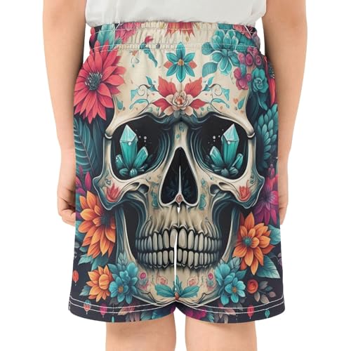 Skull Flowers Youth Boys Outdoor Shorts Elastic Waist Classic Knee-Length Boys Lounge Shorts XS3