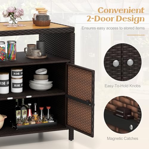 Image of Tangkula Rattan Outdoor Storage Cabinet, Patiojoy Outdoor Cabinet with Acacia Wood Countertop, Open Compartment, 2-Door Wicker Sideboard, Outdoor Bar for Patio Garden Backyard Poolside (Mix Brown)