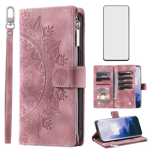 Étui portefeuille pour OnePlus 7 Pro en cuir rose avec fentes cartes et film écran