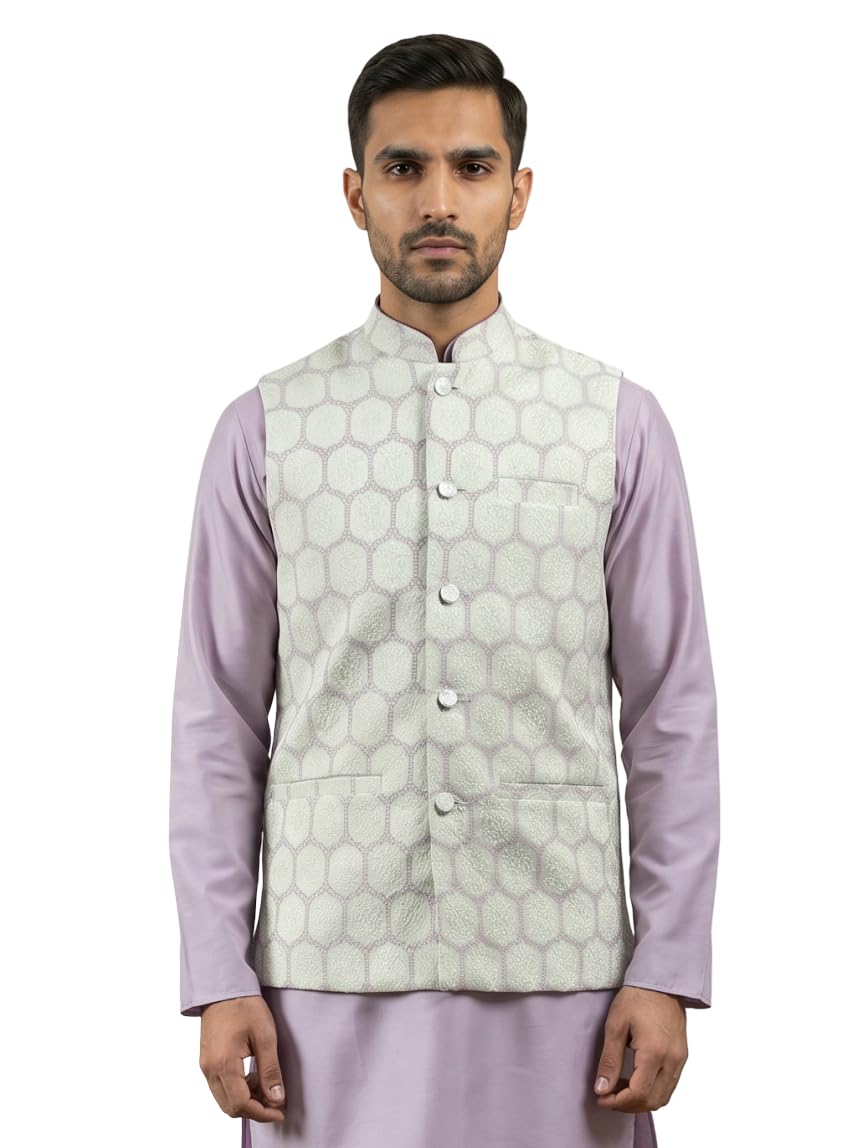 Geometric Embroidered Cotton Blend Nehru Jacket-image-28