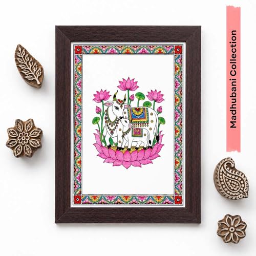 Image of PAPER PAJAMA Vastu Kamdhenu Cow and Calf Wall Art for Living Room | Madhubani Sacred Cow Painting with Lotus | Traditional Mithila Framed Decor for Home, Office & Pooja Room (10x13 Inches)