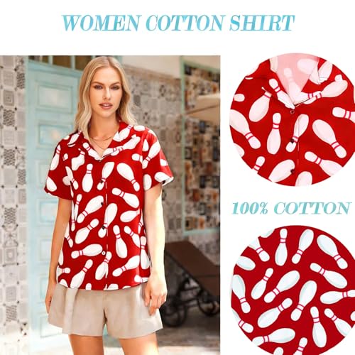 Bowling Shirts for Women Hawaiian Bowler Short Sleeve Button Up Shirt Casual Beach Summer Tee Red — view 6