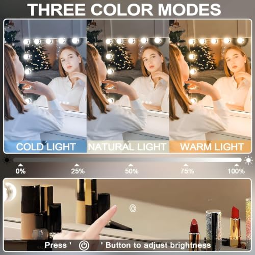 Image of Art Street Hollywood LED Vanity Makeup Mirror with Lights, 9 Led Bulbs Style Dressing Table Mirror, Smart Touch Control, 3 Color Lighting Modes, Wall Mount & Tabletop for Bedroom (50x70 CM)