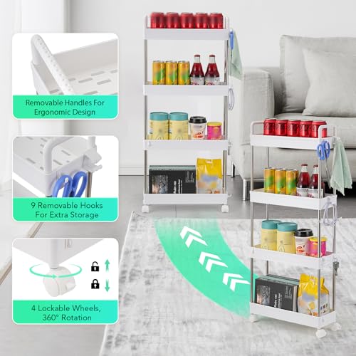 4-Tier Slim Storage Trolley Slide Out Rolling Utility Shelf Rack Storage Cart on Wheels Mobile Shelving Space Organizer for Kitchen/Bathroom/Laundry Room/Office,Plastic & Stainless Steel (White S) - Image 5