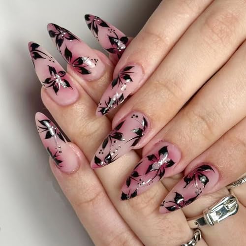 Uñas postizas largas con diseño de flores brillantes para otoño e invierno, 24 piezas brillantes a presión, cómodas y brillantes