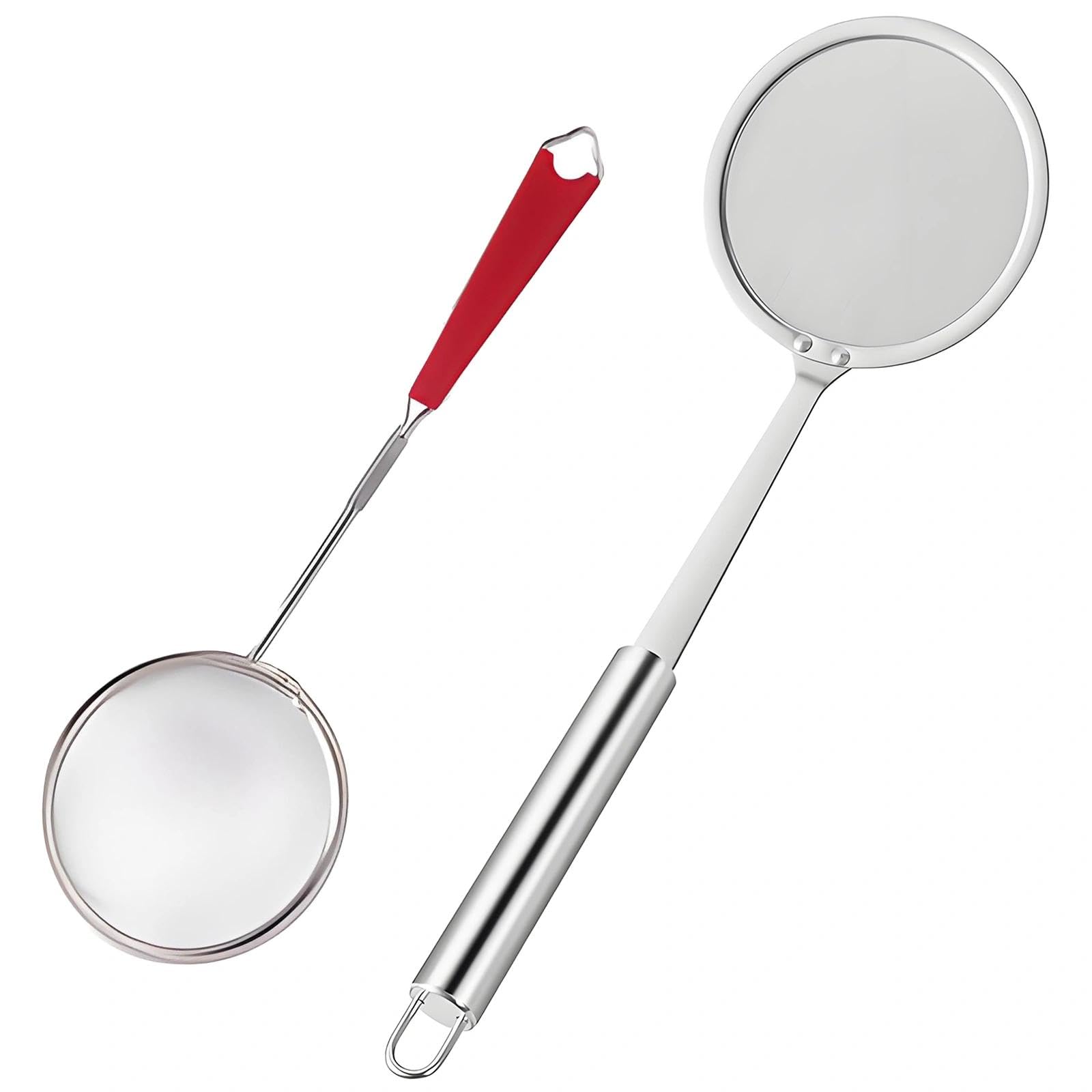 2PCS Fine Mesh Strainer Skimmer Spoon - Oil Filter & Fat Separator for Cooking, Hot Pot, Frying - Stainless Steel Long Handle Wire Ladle for Grease, Foam, Scum & Food Residue