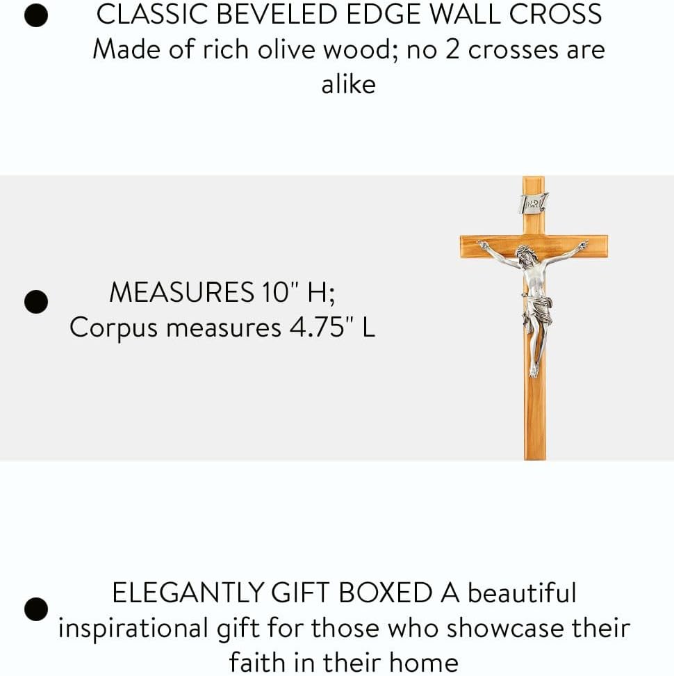 Christian Brands Crucifixes - Olive Wood Wall Cross with Antique Pewter Finish Corpus, 10" H, Beveled Edge