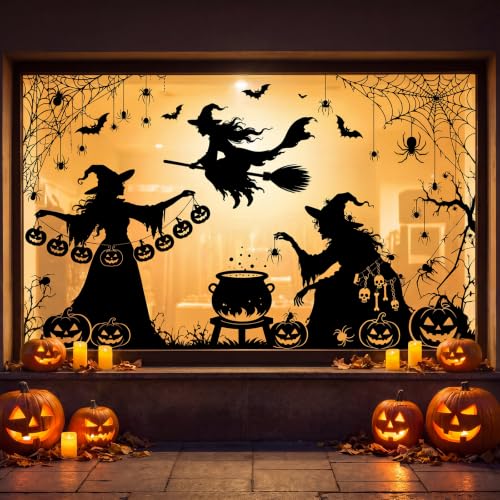 Image of AhfuLife Large Halloween Window Clings Decorations, 12.6 x 35.4 in, 5 Sheets Scary Witch Window Stickers Double‑Side Extra Large Silhouette Reusable Decals for Halloween Home Party Indoor Decor