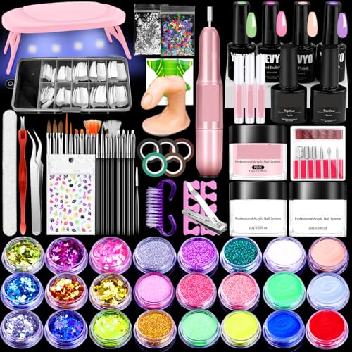 Professional Acrylic Nail Kit with Drill and UV Light - All in One Set with 24 Colors Powder 4 Gel Polishes, Electric Nail File Lamp Tips Decorations for Beginners Nail Techs Home Salon Startup