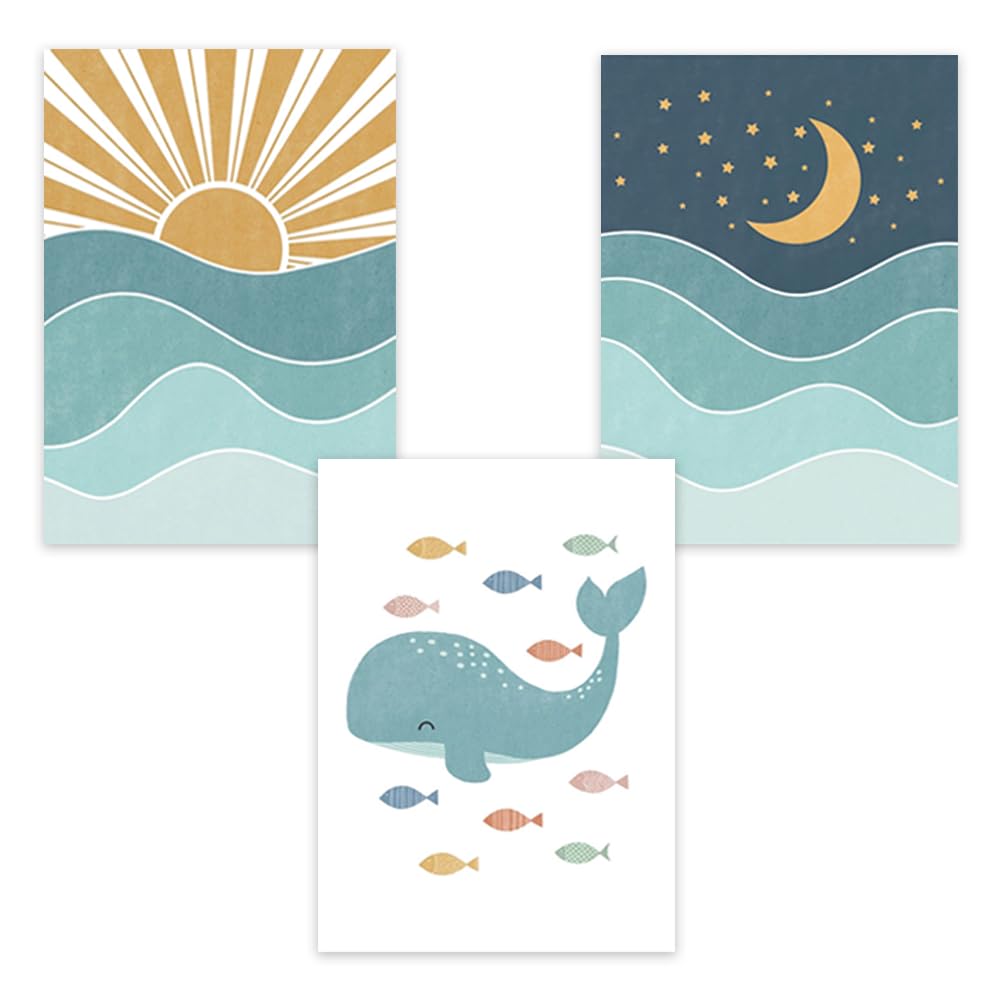 3 Affiche Animaux Marin Enfant 30X40CM Poster Enfant Lune Soleil Baleine Tableau Decoration Murale Chambre Bebe Garcon Toile Bebe Affiche Chambre Bebe Bleu Cadeau sans Cadre (BOGC143)