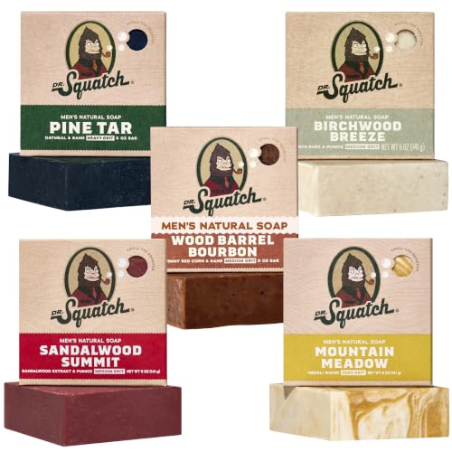 Image of Dr. Squatch Natural Men's Bar Soap - Cold Process Body Soap Bar with Natural Oils - Gifts for Men - Sandalwood Summit, Pine Tar, Birchwood Breeze, Wood Barrel Bourbon & Mountain Meadow (5 oz, 5-Pack)