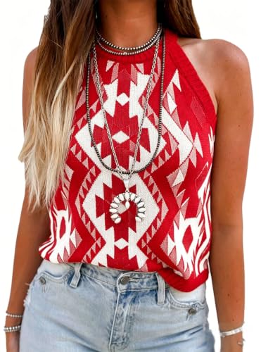 Image of MARZXIN Women Sleeveless Sweater Tank Round Neck Casual Aztec Geometric Knit Sweater Top