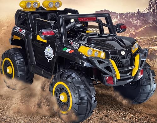 Image of Driving EV Cars for 1, 2, 3, 4, 5, 6 Years | Remote + Steering + Mobile App Control | Kids Jeeps (Jumbo Size KAB2188 [1-8 Year Kids], Black /Yellow)
