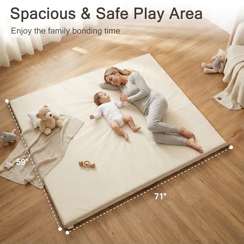 Image of Vegan Leather Baby Play Mat, 71x59 Thicken Foam Play Mat for Infants and Toddlers, Padded & Cushioned Playpen Mat for 71x59 Playpens, 1.1 inch Thick, Cream