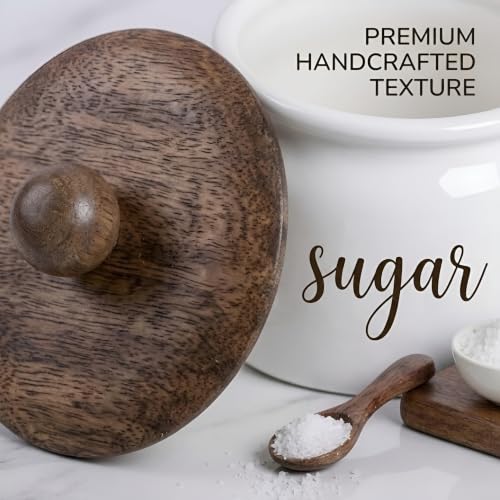 Image of Stylish Airtight Container for Kitchen, Sugar Storage,White, Metal with Wooden Lid & Spoon, 1000ml, Canister for Kitchen Counter top | Food-Safe Jar Set (Sugar)