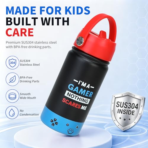 Image of Kids Insulated Water Bottle with Straw Lid, 14oz Double Wall Vacuum Stainless Steel Tumbler, Leak Proof Reusable Metal School Cup for Boys Girls, Keep Cold 24H Hot 12H (Blue-Red-I M A（Pack 2）)