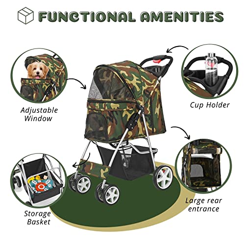 Flexzion Pet Stroller (Camouflage) Dog Cat Small Animals Carrier Cage 4 Wheels Folding Flexible Easy To Carry For Jogger Jogging Walking Travel Up To 30 Pounds With Sun Shade Cup Holder Mesh Window #TOP2