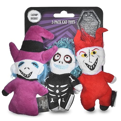 Disney for Pets Tim Burtons Nightmare Before Christmas: Trick-or-Treaters Shock Barrel Lock Plush Catnip w/Crinkle Cat Toy- 3PK | Halloween Cat Toys