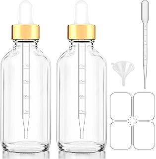 Bumobum Dropper Bottles, 4oz Clear Glass Eye Dropper Bottle for Essential Oils with Labels and Funnels, 2 Pack Tincture Bottles with Golden Top (Unbreakable Plastic Eye Dropper with Measurements)