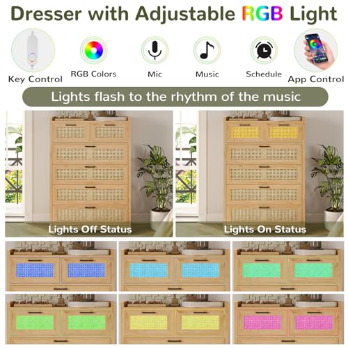 VIAGDO-6-Drawer-Dresser-for-Bedroom-Rattan-Chest-of-Drawers-with-LED-Lights-Wood-Storage-Dresser-Chest-with-Metal-Handle-Modern-Dresser-for-Closet-Bedroom-Living-Room-Hallway VIAGDO 6 Drawer Dresser for Bedroom Rattan Chest of Drawers with LED Lights Wood Storage Dresser Chest with Metal Handle Modern Dresser for Closet Bedroom Living Room Hallway