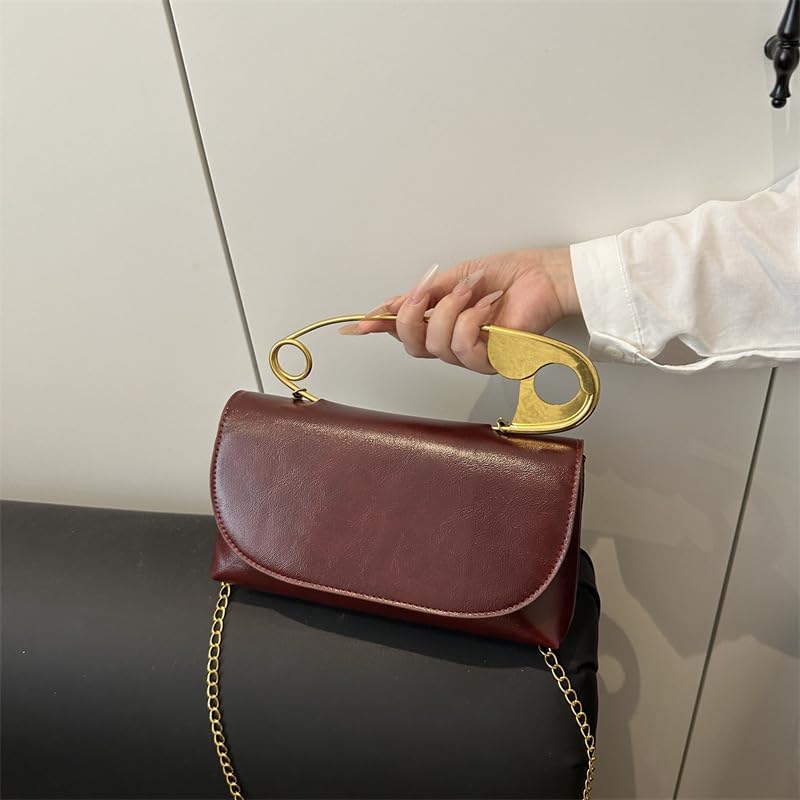 Women's Unique Safety Pin Crossbody Purse Leather Clutch Bag With Gold Handles Chain - Image 3