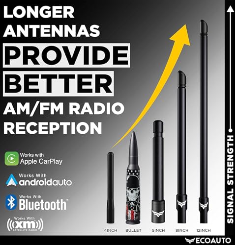 Image of EcoAuto Badass Car Antenna Replacement for Dodge Ram & Ford F150 F250 F350 Super Duty Ford Raptor Bronco Trucks - Anti-Theft Design - Radio Antenna for Truck 1990 - Current (American Skull Black)