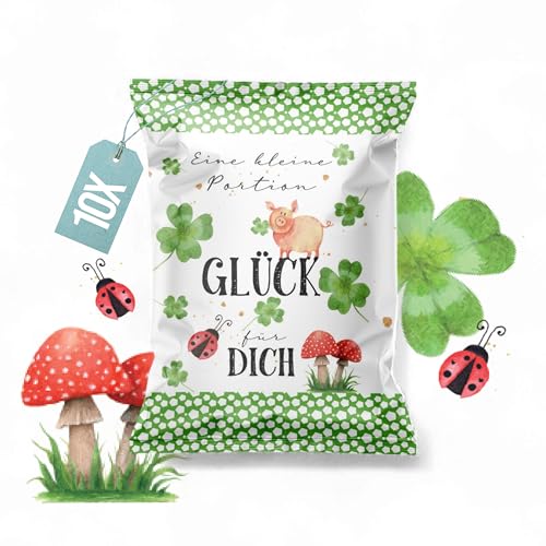 Fruchtgummi Give-Aways Glücksbringer Eine Portion Glück Mini-Tüten, 10 Stück: Gastgeschenk essbar Für Silvester, Neujahr, Kleeblatt Viel Glück, 7 x 9 cm