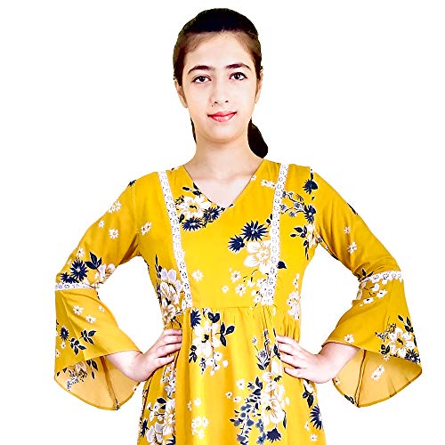 Image of Floral Summer Print Trumpet Sleeve A line High Waist Dress with Lace