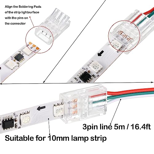RUNCCI-YUN 10 Pcs LED Light Connector 3 Pin 10mm LED Strip Connector Solderless with 16.4ft DC 12V led Wire for Waterproof or Non-Waterproof 10mm Wide WS2811 WS2812 WS2812B LED Strip Lights - Image 4