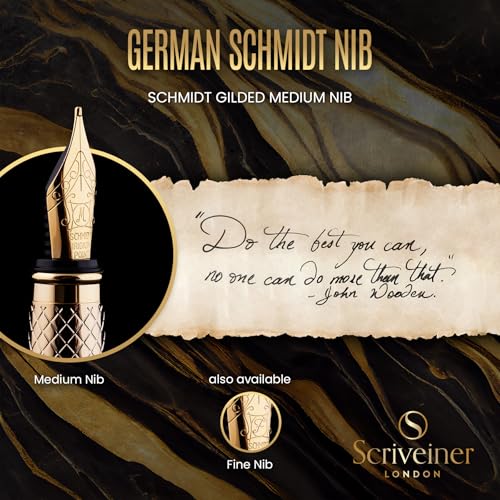 Image of Scriveiner Luxury Fountain Pen - Stunning Gold Pen, Real Gold Plating, Schmidt Gilded Nib (Medium), Converter, Best Pen Gift Set for Men & Women, Professional, Executive, Office, Nice Pens