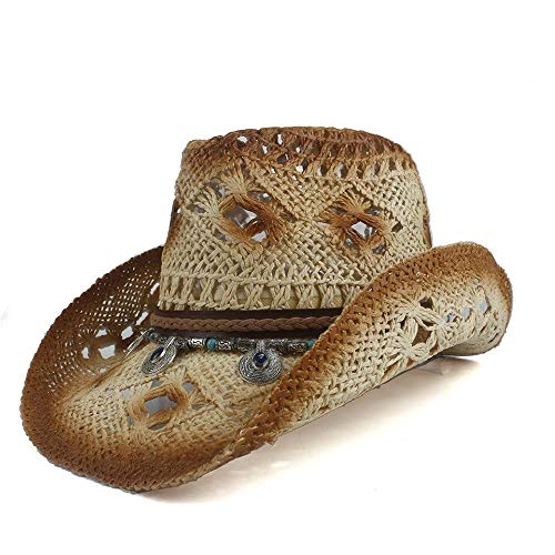 LLPBUA-HAT Sun Hat Jazz Hat 2020 New Brown Spray Paint Paper Straw Cowboy Cowboy Hat Men Women Wide Side Beach Summer (Color : Beige, Size : 56-58)
