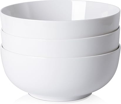 Ceramic Mixing Bowls Set of 3, 64 Oz 8 Inch Porcelain Serving Bowls for Soup, Salad, Cereal - Microwave & Dishwasher Safe White Bowls