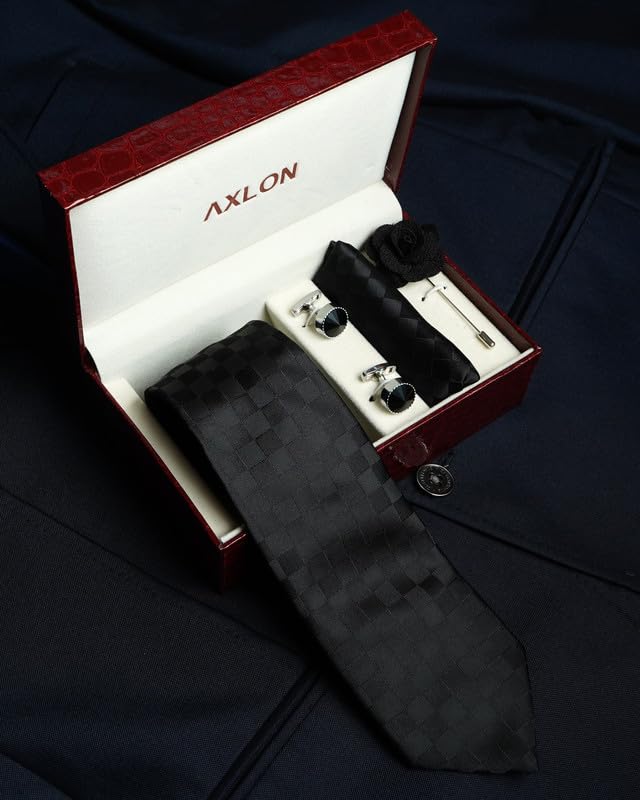 Image of Axlon Tie for Men - Micro Silk Neck Ties Set with Cufflinks Flower Pin, Pocket Square & Black Gift Box, Combo Necktie Sets for Office Wear, Formal Suits & Weddings (0, Checkpn)