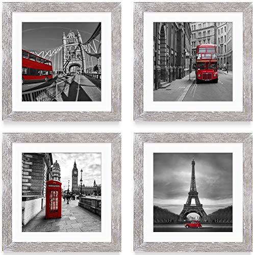 8X8 Rustic Picture Frames Made Of Solid Wood With 2 Mats Display Pictures 6X6 Or 4X4 With Mat Or 8X8 Without Mat - 8X8 Inch Square Photo Frames Collage Or Wall Or Tabletop Mount, Set Of 4 #TOP6