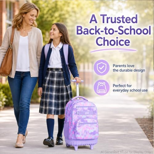 Image of 3Pcs Rolling Backpack for Girls Women, Travel Roller Backpacks with Wheels for Adults, Teens College Tie-Dye Wheeled Bookbag with Lunch Box(Purple)
