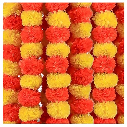 zig zag Artificial Marigold Garland (5pcs Pack) - Ideal for Weddings Birthday Christmas Decorations and Diwali Celebrations Faux Garlands 5 Strings - 4.5-5 Ft Long (Yellow & Dark Orange)